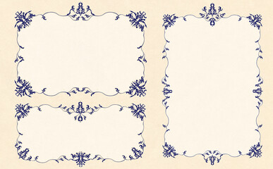 ビンテージで豪華な紺色の唐草模様フレームセット サンドベージュ背景 イラスト素材 色違い・差分有