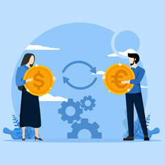 Currency exchange and transfer. Investment, trade. Global stock market. exchange money. Economical process to trade euros, dollars. Businessman holding dollars, euro cash. Currency Exchange Rates