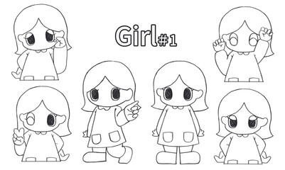 青い服を着た女性の線画セットイラスト