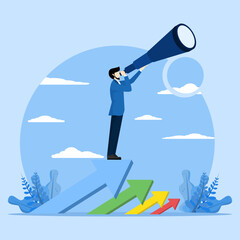 New business, start-up. Strategy for success, achievement. Business development plan for improvement, Successful entrepreneur standing on arrows and looking for new opportunities with telescope.
