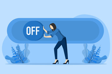 Business closing concept. Businesswoman turning off the switch. Failure in career development, crisis concept. bankruptcy. Closed company in financial crisis. Economy problem. New business risk