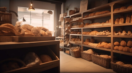 Blurred organic, eco-friendly vegan grocery, bakery store with wooden wall, parquet floor, variety of bread, bun, snack on shelf for healthy shopping lifestyle, interior design decoration background