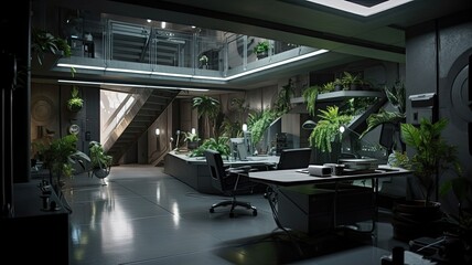 Fototapeta na wymiar Home office bunker, interior garden with futuristic hidroponics system, aeroponi. Generative AI Technology 