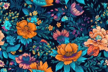 Fotobehang Vibrant blue field of blooming flowers seamless pattern illustration with Generative AI © YandiDesigns