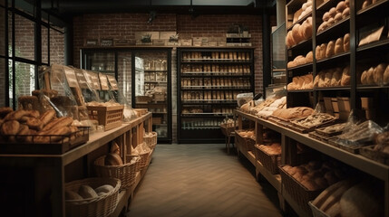 Blurred organic, eco-friendly vegan grocery, bakery store with wooden wall, parquet floor, variety of bread, bun, snack on shelf for healthy shopping lifestyle, interior design decoration background