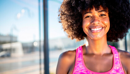 Happy young woman with afro hair wearing sportswear and smiling for a street portrait with a blurred urban background and sunlight. Generative AI