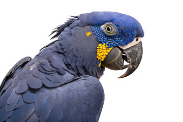 Fototapeta premium a spring-themed photographic illustration of a blue indigo macaw parrot macro head transparent background in PNG. T-shirt design. Generative AI