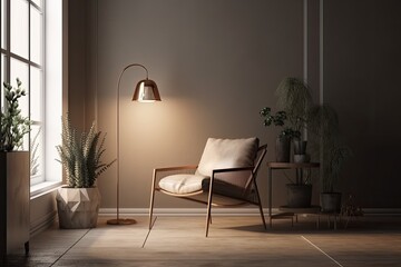 cozy living room with a vintage armchair and a warm lamp. Generative AI