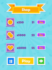 Menu of game graphic user interface on screen of 2d mobile game application in flat cartoon style with simple theme