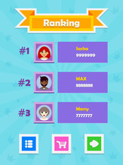 Menu of game graphic user interface on screen of 2d mobile game application in flat cartoon style with simple theme