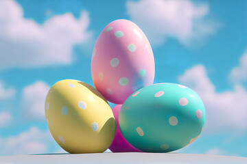 Colorful Easter eggs concept in the cloud blue sky. Painted pastel color egg, abstract Spring decoration. Illustration, Generative AI.