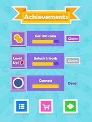 Menu of game graphic user interface on screen of 2d mobile game application in flat cartoon style with simple theme