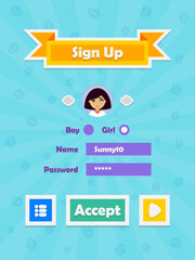 Menu of game graphic user interface on screen of 2d mobile game application in flat cartoon style with simple theme