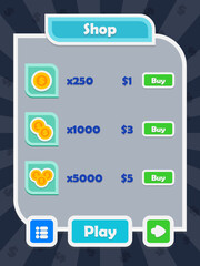 Menu of game graphic user interface on screen of 2d mobile game application in flat cartoon style with simple theme