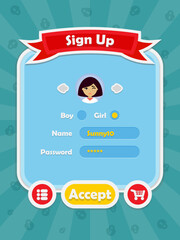 Fototapeta premium Menu of game graphic user interface on screen of 2d mobile game application in flat cartoon style with simple theme