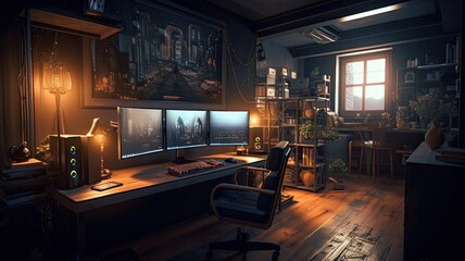 Gaming room with hightech technology computer. Generative AI Technology 