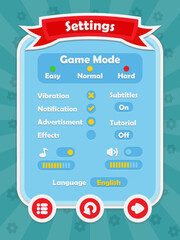 Menu of game graphic user interface on screen of 2d mobile game application in flat cartoon style with simple theme