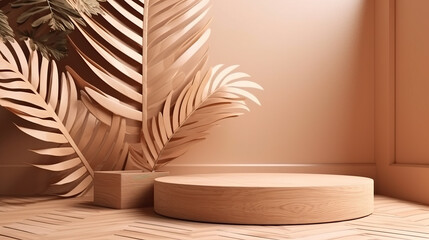 Modern geometric design oak wooden podium, beautiful wood grain, tropical palm tree in sunlight, leaf shadow on blank beige wall for luxury organic cosmetic, skincare, beauty product background 3D