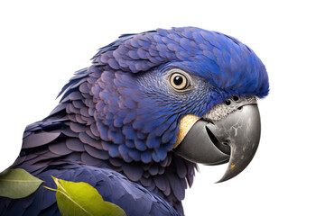 Obraz premium a spring-themed photographic illustration of a blue indigo macaw parrot macro head transparent background in PNG. T-shirt design. Generative AI