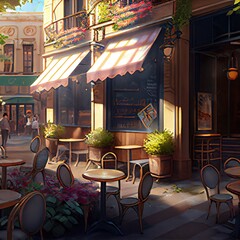 Summer terrace, outdoor city cafe, coffeehouse, created with generative ai