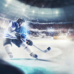 The arena of a hockey rink, a hockey player hits a hockey stick with a swing on the puck, created with generative ai