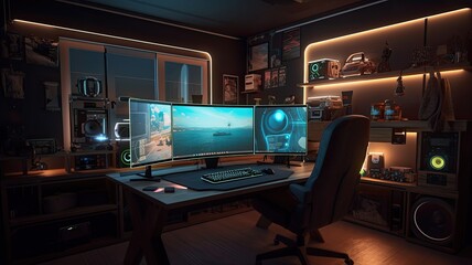 Naklejka premium Gaming room with hightech technology computer. Generative AI Technology 