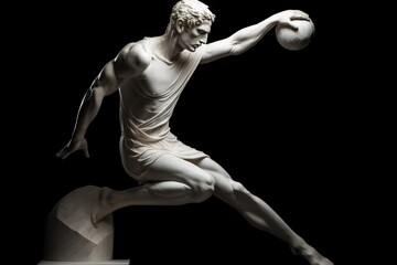 Fototapeta na wymiar Fictional person. Marble Sculpture of Modern soccer player as ancient Greek statue in temple