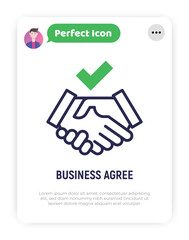Business agreement thin line icon. Handshake with tick. Contract, partnership. Vector illustration.