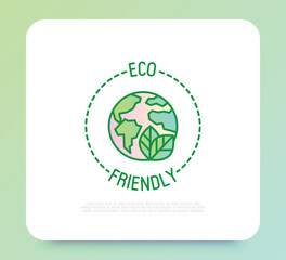 Eco friendly symbol for packaging. Thin line icon with Earth and leaf. Modern vector illustration.