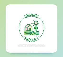 Organic product thin line icon. Farmer's house in field. Modern vector illustration.