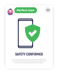 Safety confirmed: smartphone is protected by shield with check mark. Thin line icon. Modern vector illustration.