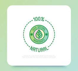 100 percent natural ingredients symbol. Thin line icon for package of organic product. Modern vector illustration.