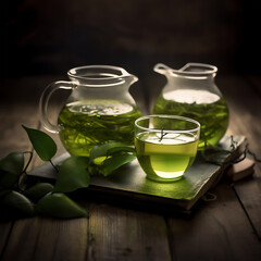 Cup with green tea and green leaves.