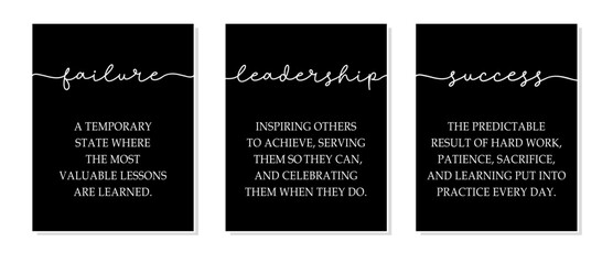 Failure, Leadership, Success. Inspiring positive quote. Frame workplace decoration. Triptych inspirational quotes wall art print for home, office wall decor. Black color motivational poster canvas.