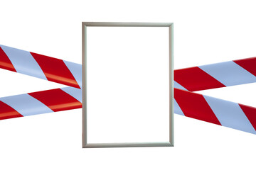 Illustration of crossed red white lines of barrier cross tape with steel frame for ad text on white isolate background. Unsafe area warning lines, do not enter. Concept no entry, no people. Copy space