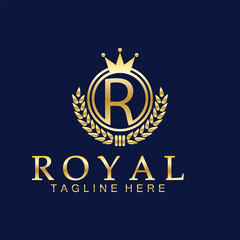 R initial royal crown logo. Royal, King, queen luxury symbol. Font emblem.