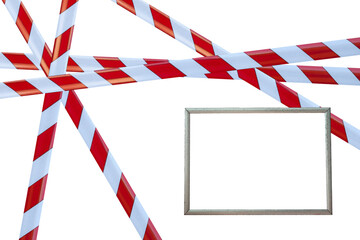 Crossed red white lines barrier cross tape with steel frame for ad text on white isolate background, illustration. Unsafe area warning lines, do not enter. Concept no entry, no people. Copy space