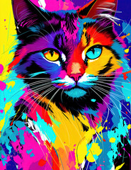 Cat with abstract beauty, looking at the camera, psychedelic colors, dynamic, highly detailed, digital painting, smooth, sharp focus, illustration Generative AI