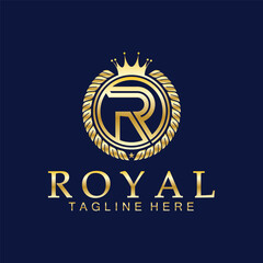R initial royal crown logo. Royal, King, queen luxury symbol. Font emblem.