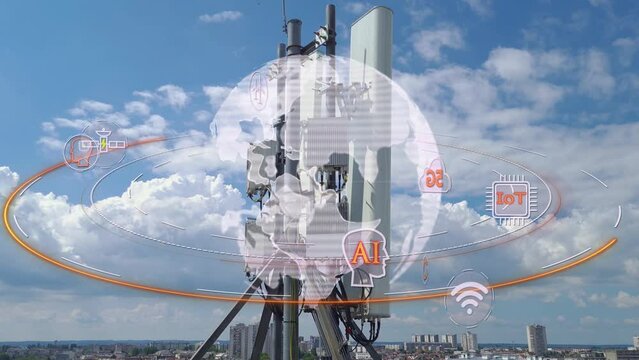 Time lapse 5G rooftop antenna with smart cityscape skyline global communication network. Artificial intelligence Iot Wifi Internet logo icons gravitate around planet Earth in a Futuristic Scenario