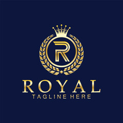 Naklejka premium R initial royal crown logo. Royal, King, queen luxury symbol. Font emblem.