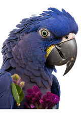 Obraz premium a jungle-themed macro photographic illustration of a blue indigo and purple macaw parrot with green eyes transparent background in PNG. T-shirt design. Generative AI