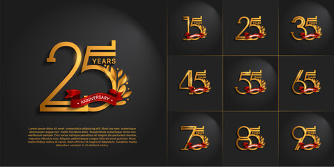 set of anniversary logotype golden color, ornament and red ribbon for special celebration event