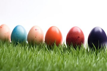 Fototapeta na wymiar colored Easter eggs arranged in a row on a green grassy background. Generative AI