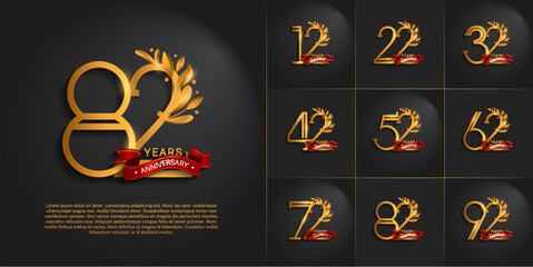 set of anniversary logotype golden color, ornament and red ribbon for special celebration event