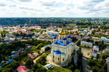 Yelets, Russia. Ascension Cathedral. The main Orthodox church in the city. Date of construction 1745. Aerial view