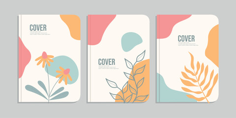 set of book cover designs with hand drawn floral decorations. abstract retro botanical background.size A4 For notebooks, diary, invitation, planners, brochures, books, catalogs
