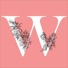 The letter W from the English alphabet is decorated with flowers in the form of a black line.