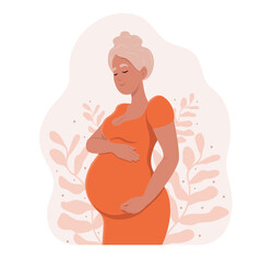 Mother's Day. Healthy pregnancy. Beautiful pregnant woman hugs her belly. The concept of pregnancy and motherhood. Healthy pregnancy. Vector flat illustration.