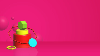 3d shapes composition. Abstract background for trendy designs. Spheres, cube, cylinder colorful. pink background